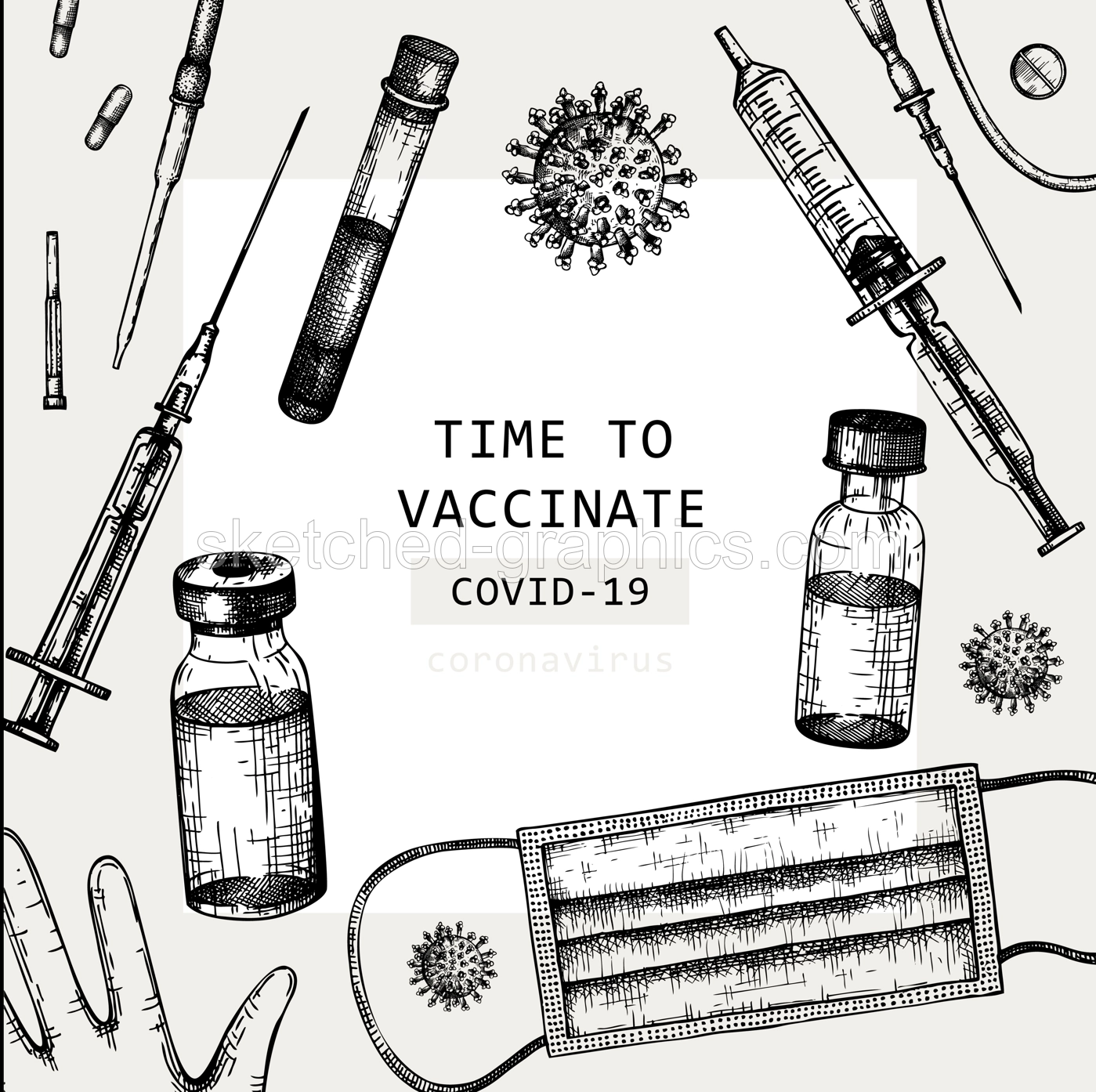 Coronavirus vaccine vector design. Hand-sketched template for  Covid-19 vaccination illustrations with vaccine bottle, syringe injection tools, and different viruses. Vintage medical sketches Illustration